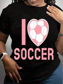 Camiseta Gráfica "I Love Soccer" para Mujer - Tela Suave y Transpirable, con Diseño de Corazón y Balón de Fútbol Rosa, Camiseta Casual de Manga Corta y Cuello Redondo para Primavera, Regalo Perfecto para Amantes del Fútbol - Negro - Ver 1