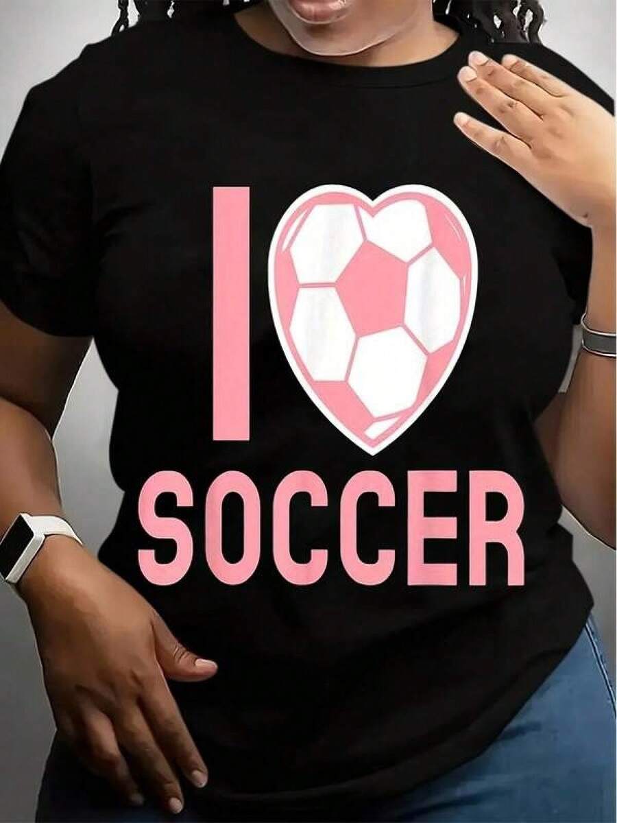 Camiseta Gráfica "I Love Soccer" para Mujer - Tela Suave y Transpirable, con Diseño de Corazón y Balón de Fútbol Rosa, Camiseta Casual de Manga Corta y Cuello Redondo para Primavera, Regalo Perfecto para Amantes del Fútbol - Negro - Ver 1