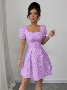 Vestido de mujer de manga abullonada y cuello cuadrado, de moda para el verano - Morado - Ver 5