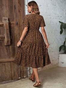 Vestido largo de mujer con estampado de dálmata, drapeado frontal y volante en el bajo - Café integral - Ver 2
