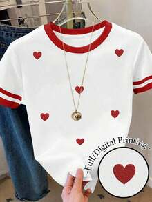 Camiseta de mujer 100% algodón con estampado gráfico de corazón y amor, cuello redondo, contraste de color blanco y negro, bloques de color y rayas - Multicolor 7 - Ver 5