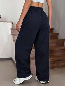 Pantalones rectos y sueltos de pierna ancha de color negro con estampado tipo zhanga para vacaciones de primavera y verano - Azul marino - Ver 2