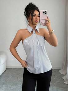 Camisa de rayas casual y de uso diario para mujer, sencilla y versátil de moda para el verano - Blanco y Negro - Ver 7