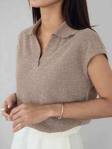 -Less Camiseta de mujer de manga corta, de punto holgado y casual, de unicolor con parches, para uso casual en el trabajo - Marrón - Ver 5