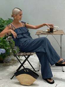 2026 2 piezas Conjunto de top con volantes y pantalones de cintura alta con lazo, conjunto casual de 2 piezas, conjunto de verano para mujer, conjunto de shorts para mujer - Azul 4 - Ver 4