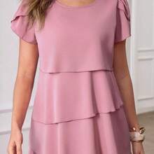 guangzhougaolangshangmao  Vestido de mujer de unicolor con cuello redondo, mangas cortas con volantes en los puños y dobladillo con volantes, vestido de moda para vacaciones, primavera y verano - Celeste - Ver 10