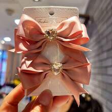 1/2pcs Solid Color Minimalist Pink Bow Cute Crystal Heart Hair Clips, Princess Style Side Clips, Summer Hair Accessories,Hair Barrettes - Multicolor - View 10