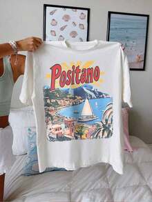 Blusa de manga corta holgada y cómoda para uso diario y casual, ideal para vacaciones junto al mar. Camiseta tipo Positano, Amalfi Coast, estética vintage costera y de abuela. Camisa de verano con estampado vintage, Linda camiseta italiana, adecuada para uso diario, casual, fiestas y como regalo.-Vintage Street Style Unisex Loose Cotton Short Sleeve Crew Neck T-Shirtblusas para mujer. blusas.blusas casuales para dama. - Blanco - Ver 2