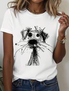 Camiseta casual de manga corta para mujer con cuello redondo y estampado de perro, perfecta para combinar en verano - Blanco - Ver 1