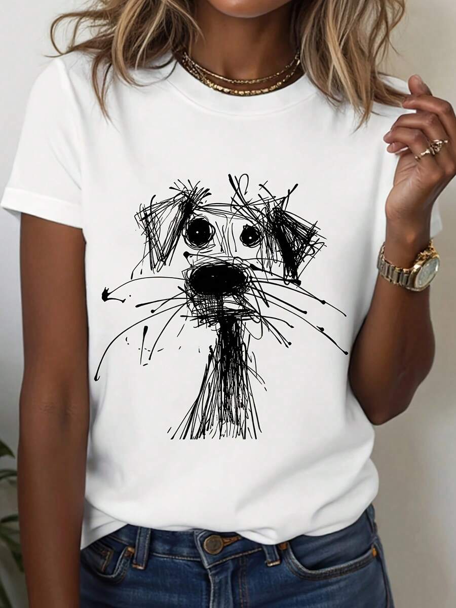 Camiseta casual de manga corta para mujer con cuello redondo y estampado de perro, perfecta para combinar en verano - Blanco - Ver 1