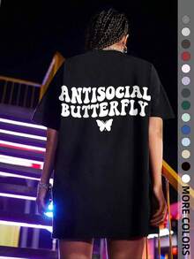 Camiseta de Cuello Redondo con Estampado de Mariposas y Letras para Mujer, Camiseta Casual de Manga Corta, Ropa de Verano, Ropa para Mujer, Conjuntos de Verano 2024, Por Favor Compre una Talla Más Grande - Negro - Ver 4