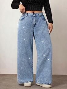 Enliva Pantalones holgados con diamantes lavados y aplicaciones, estilo veraniego, fluidos, Y2K, streetwear, para graduación, aeropuerto, estilo old money, talla grande - Lavado ligero - Ver 5