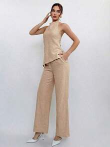 2026 Conjunto de 2 piezas de top de cuello halter y pantalones en color café para mujer, estilo de uso diario - Caqui - Ver 6