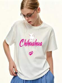 Camiseta de Mujer con Estampado de Mamá de Perro Chiwahua de 180G, Manga Corta, Corte Holgado Casual, Adecuada para Uso Diario, Regalo del Día de la Madre, Combinación, Top de Verano para Building de Empresa - Camiseta Unisex de Algodón Holgado de Manga Corta y Cuello Redondo Estilo Vintage Urbano - Blanco - Ver 1