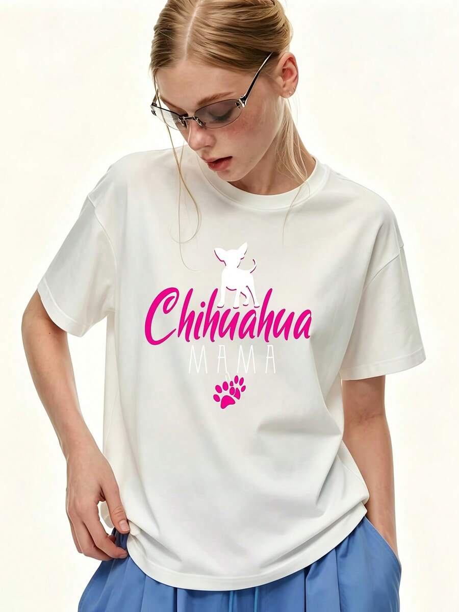 Camiseta de Mujer con Estampado de Mamá de Perro Chiwahua de 180G, Manga Corta, Corte Holgado Casual, Adecuada para Uso Diario, Regalo del Día de la Madre, Combinación, Top de Verano para Building de Empresa - Camiseta Unisex de Algodón Holgado de Manga Corta y Cuello Redondo Estilo Vintage Urbano - Blanco - Ver 1