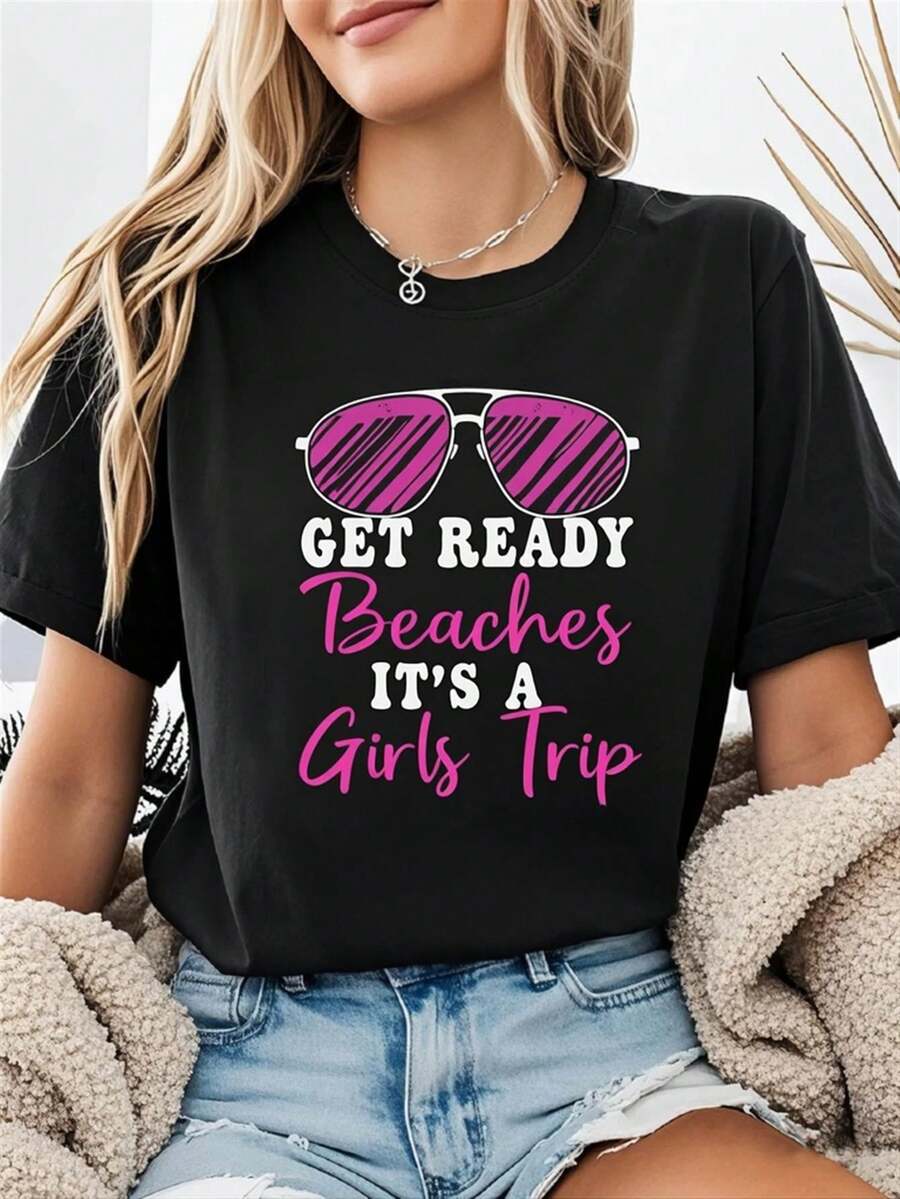 Camiseta negra con estampado de viaje, un imprescindible para las vacaciones de verano, top casual de manga corta para mujer, para fiestas en la playa, corte regular, ropa de mujer a de 180 g/², ropa cómoda para vacaciones, adecuada para hombres, uso en todas las estaciones, camiseta unisex de algodón de manga corta y cuello redondo, estilo vintage urbano de alta calidad. - Negro - Ver 1