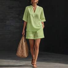 Nuevo temperamento de moda relajado V cuello dos conjuntos de pantalones cortos de manga corta ropa casual para mujeres - Amarillo fluorescente - Ver 9