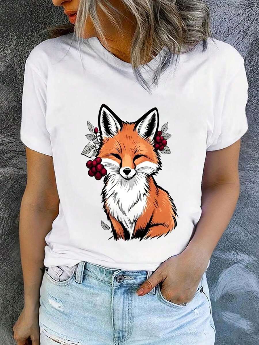 Women's Short Sleeve Crew Neck T-Shirt, Printed, Modern And Casual, Machine Washable, Comfortable Fit, 2D Flat Print Blouses For Women. - 白色_10 - 查看 1