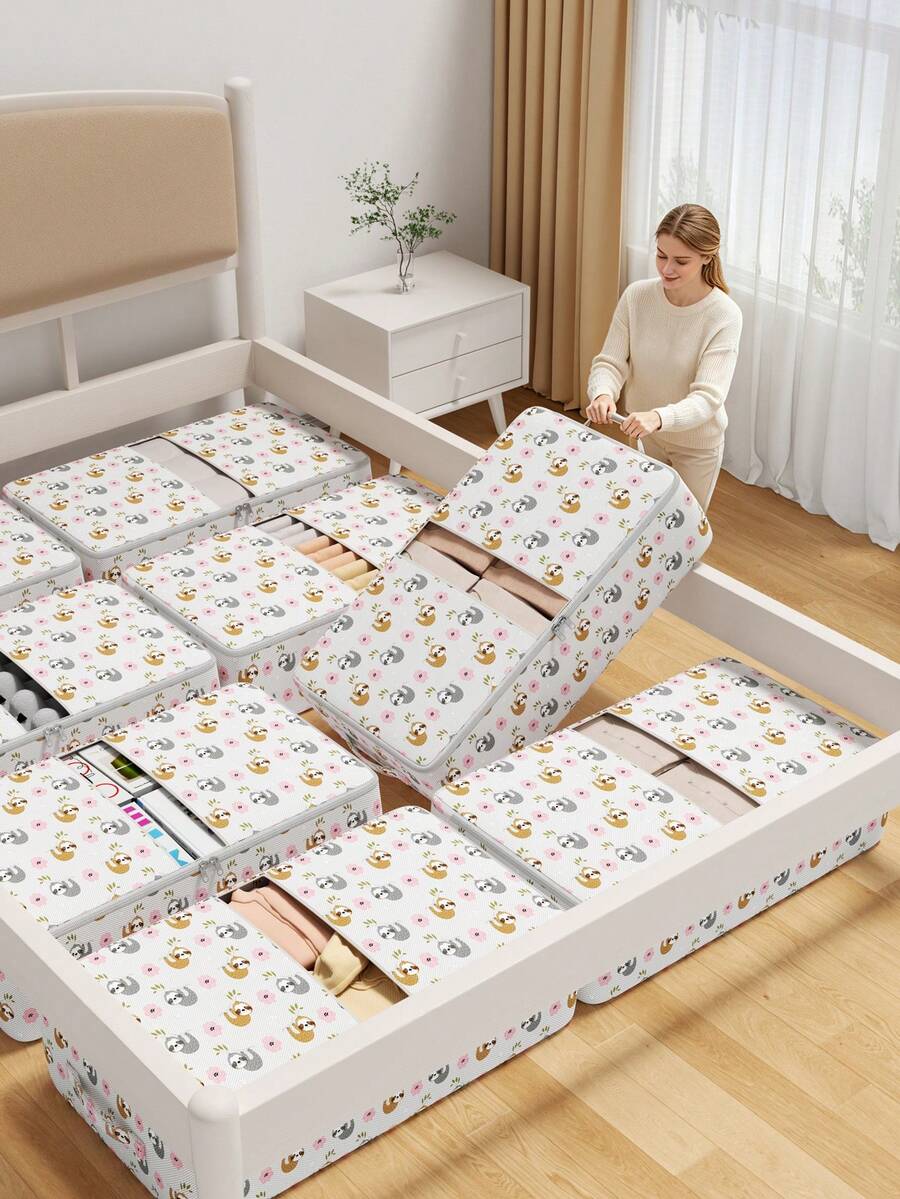 1PC Foldable Sloth Print Under Bed Storage Bag, Heavy Duty Dustproof Moistureproof Organizer With Reinforced Handle And Zipper, Large Capacity Suitable For Bedroom Living Room Dorm To Store Clothes Blankets Toys And Sundries - White - View 1
