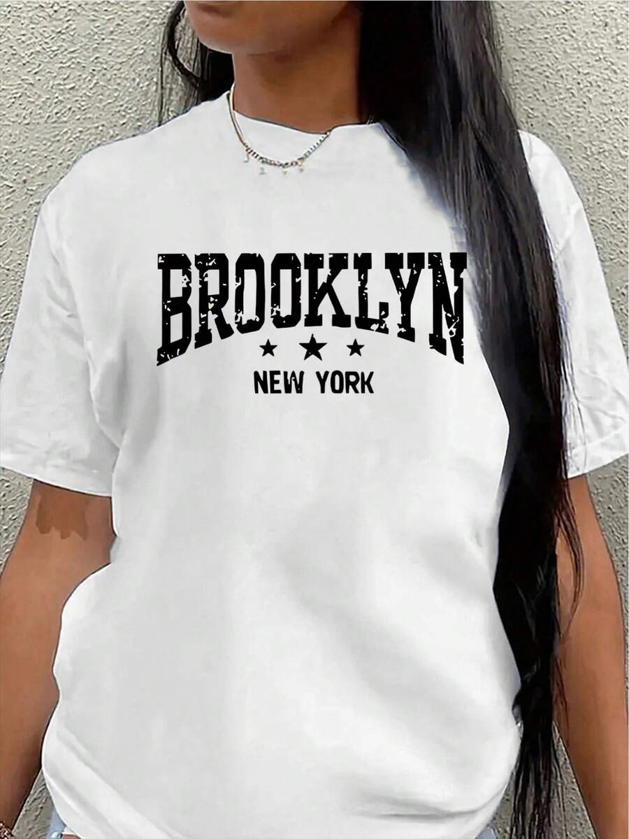 Camiseta de manga corta de poliéster estampada de Brooklyn, Nueva York, ligera y duradera, adecuada para uso casual en casa o al aire libre, cómoda y ajustada para el uso diario. - Blanco - Ver 1