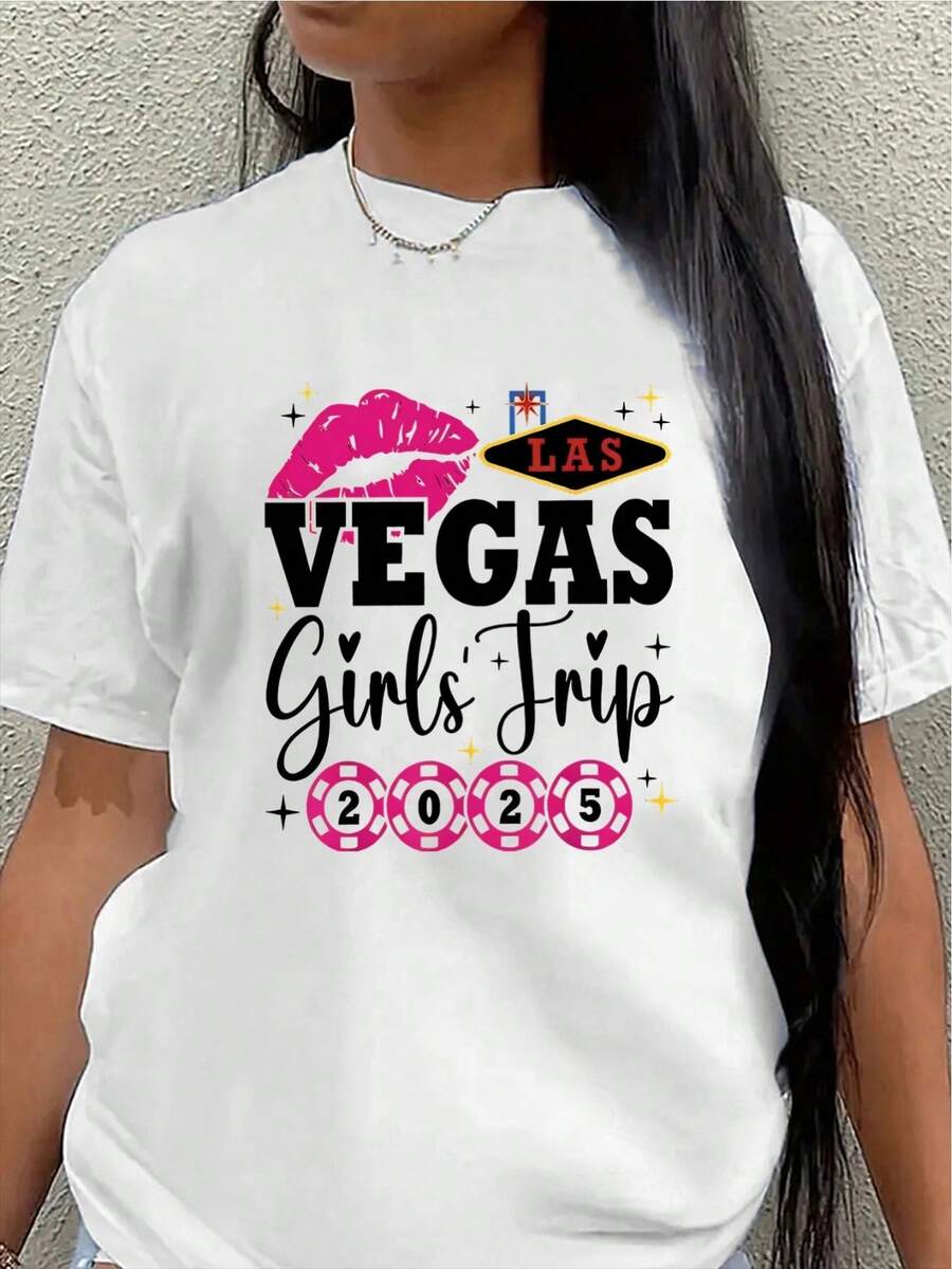 Camiseta de manga corta de poliéster para la gira a Las Vegas 2026, diseño casual y divertido para usar en vacaciones, ligera y duradera, adecuada para la vida nocturna y actividades turísticas. - Blanco - Ver 1