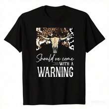 Camiseta Casual de Manga Corta para Mujer - Estampado de Calavera de Toro y Leopardo, Gráfico "Should've Come With A Warning", Camiseta Casual de Verano, 100% Algodón, Duradera - Negro - Ver 2