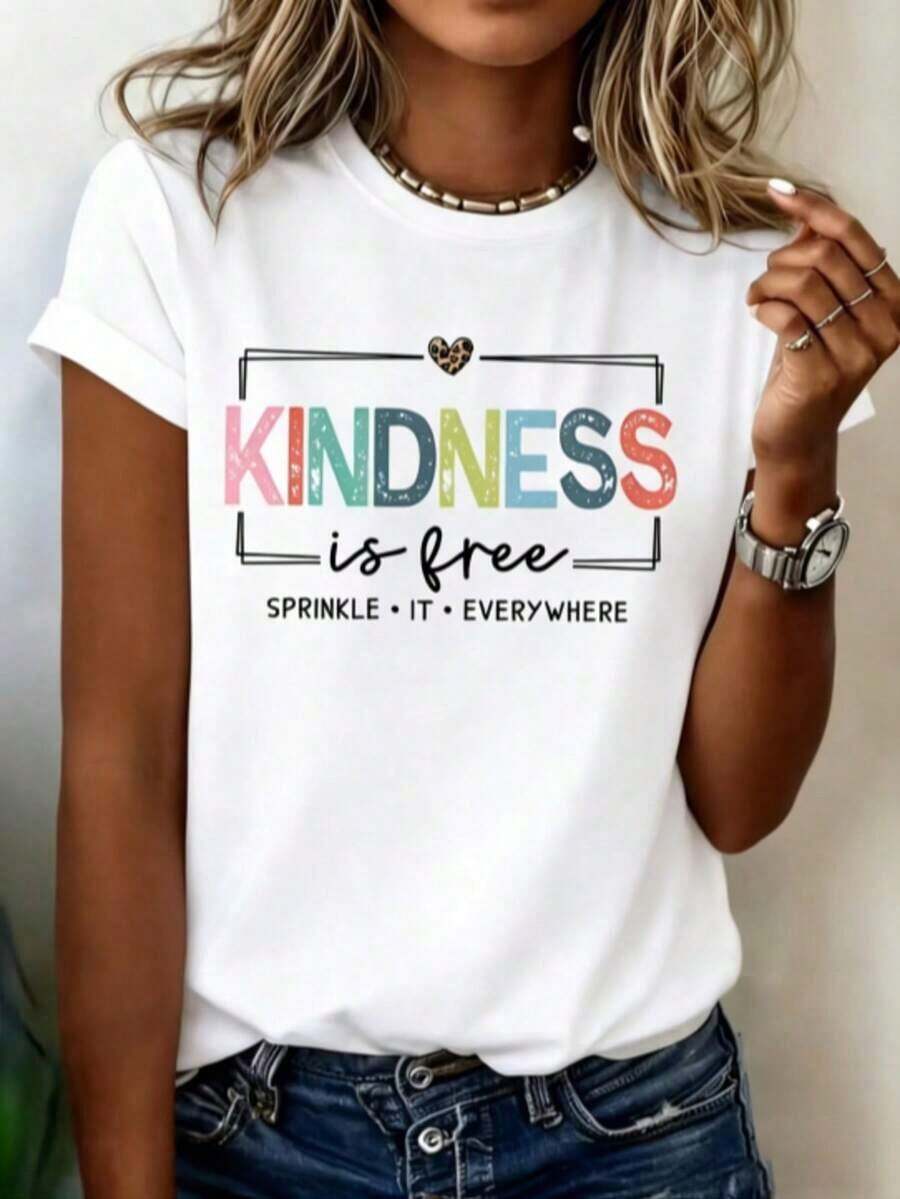 Women's Casual T-Shirt, Printed Top, Short Sleeve T-Shirt With Round Neck And Creative Design, Simple, Elegant, Classic Design, Soft And Comfortable Women's Clothing. White Shirt, Tops, Women's Resort Wear, 100% Cotton, Durable. - 白色 - 查看 1