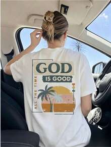 Camiseta Casual Minimalista para Mujer, Primavera/Otoño, Nueva Camiseta Casual con Estampado de Palmera y Lema, Hombros Caídos, Manga Larga, Un Esencial de Moda para Cada Temporada, Estilo Urbano Vintage Blanco, Camiseta Unisex de Algodón de Manga Corta y Cuello Redondo, blusas para mujer. blusas.blusas casuales para dama. - Blanco - Ver 1
