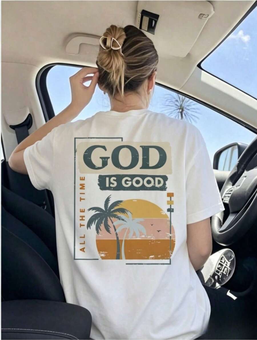 Camiseta Casual Minimalista para Mujer, Primavera/Otoño, Nueva Camiseta Casual con Estampado de Palmera y Lema, Hombros Caídos, Manga Larga, Un Esencial de Moda para Cada Temporada, Estilo Urbano Vintage Blanco, Camiseta Unisex de Algodón de Manga Corta y Cuello Redondo, blusas para mujer. blusas.blusas casuales para dama. - Blanco - Ver 1