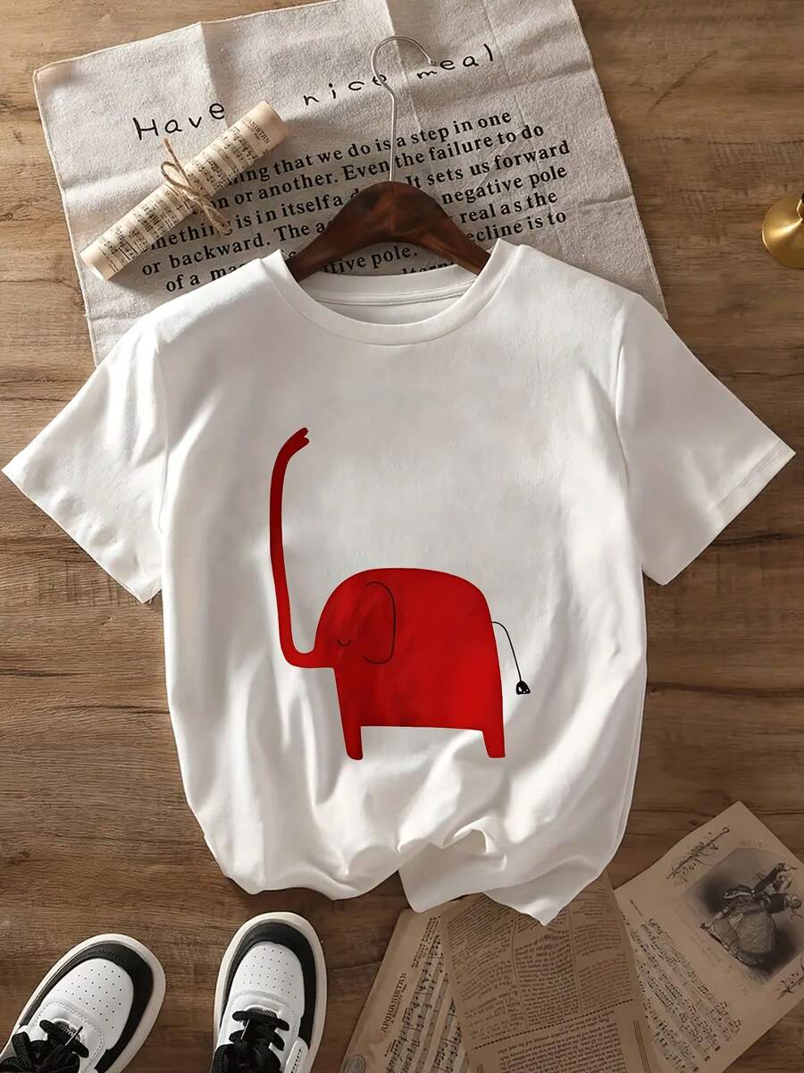 Camiseta de verano para mujer - Estampado gráfico minimalista de elefante rojo, simple, cómoda, talla S y casual de cuello redondo - Blanco - Ver 1