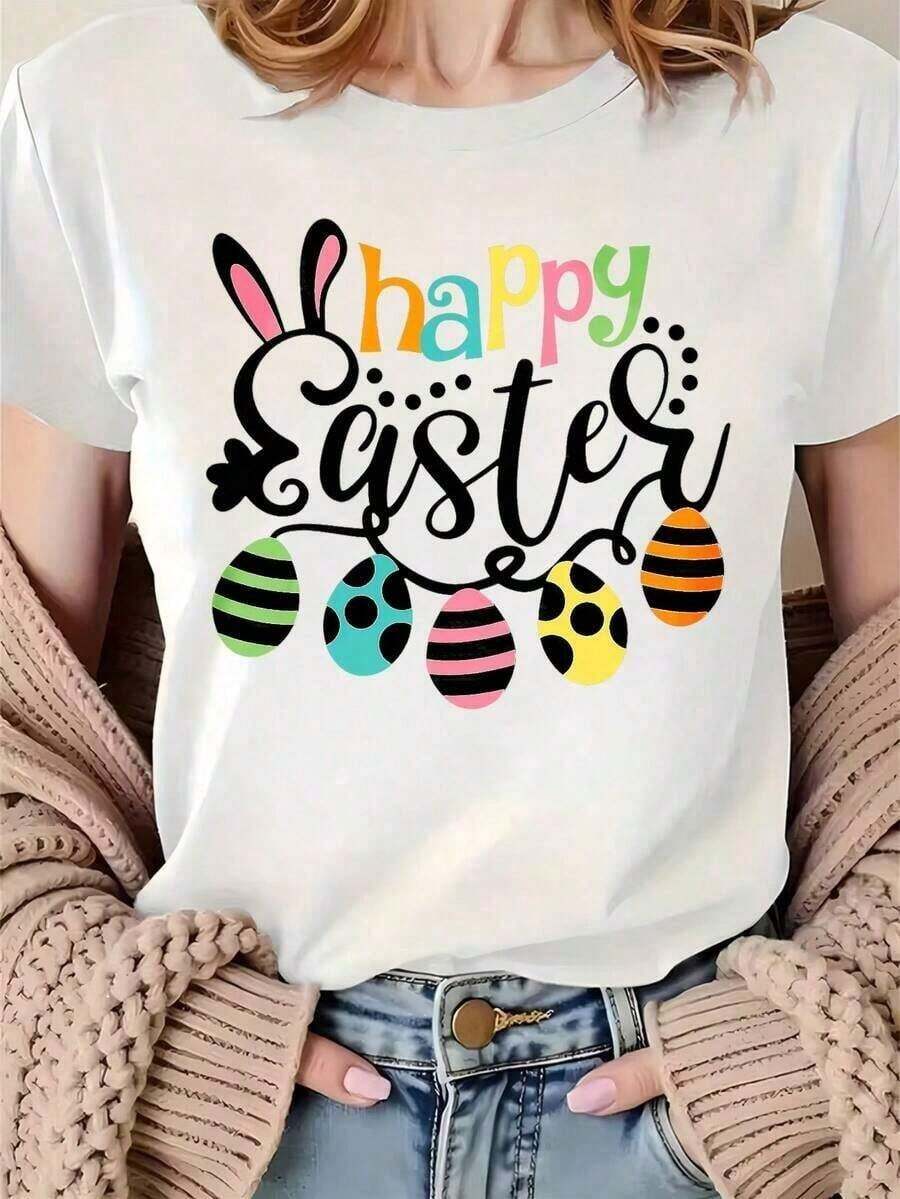 Camiseta con Gráficos de Orejas de Conejo de Pascua y Huevos Coloridos para Mujer, Top Casual para el Festival de Primavera, Atuendo Festivo de Pascua - Estilo Vintage Urbano, Unisex, Camiseta de Manga Corta de Algodón Suelto con Cuello Redondo, blusas para mujer. blusas.blusas casuales para dama. - Blanco - Ver 1