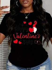 Camiseta de Mujer con Estampado de Corazón de Gnomo para el Día de San Valentín, Regalo Romántico y Lindo, Estilo Vintage Urbano, Unisex, de Algodón, Manga Corta, Cuello Redondo, 100% Algodón - Negro - Ver 3