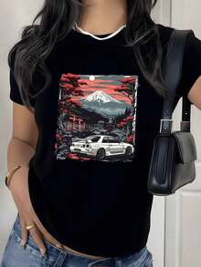 T-Shirt With Japanese Sunset And Mountain Landscape Graphic Print, 180g, 1 Piece, Women's Casual Style, 100% Cotton, Vintage Streetwear Style - 黑色 - 查看 9