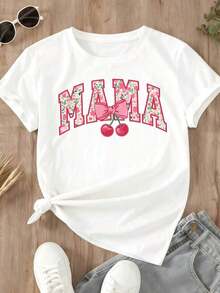 Camiseta Casual para Mujer con Estampado Floral de Cerezas "Mama" para Uso Diario - Blanco - Ver 2