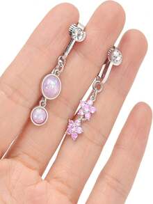 6Pcs Dangle Clip On Fake Belly Ring Set, Silver Tone Non Piercing CZ Opal Butterfly Heart Star Snake Faux Navel Rings For Women Daily Jewelry - Pink - View 5