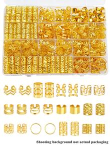 Juego de 280 piezas de accesorios para el cabello de aleación, estilo bohemio elegante, diseño de cuentas huecas, forma redonda, unicolor, adecuado para el Día de San Patricio, kit de decoración de cabello unisex, clips para el cabello, pinzas de garra - Dorado - Ver 2