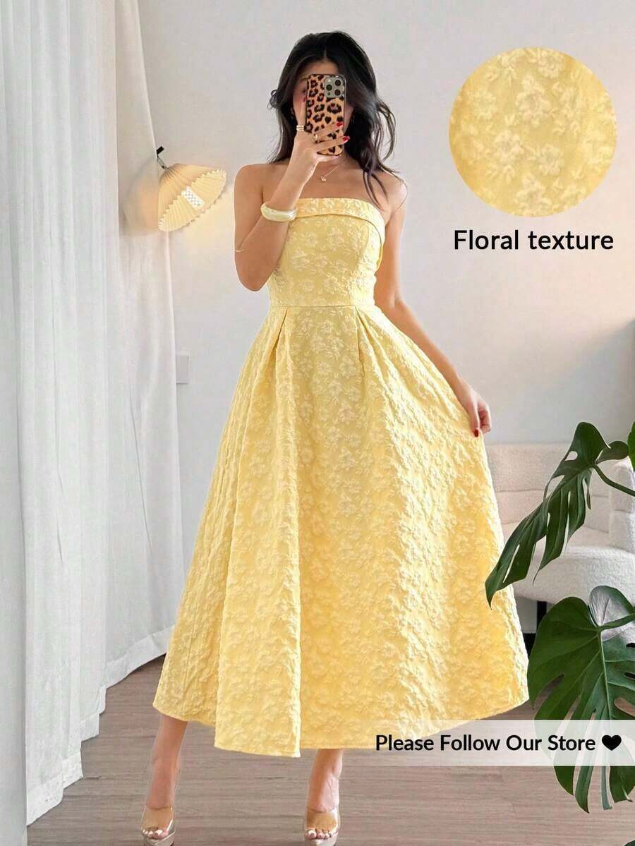 xheFirerie Vestido midi de talle alto y línea A, con textura, elegante y romántico para mujer, sin tirantes, color amarillo, adecuado para citas, vacaciones y fiestasxhe