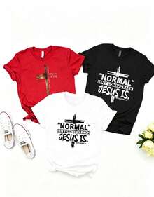 Artículo de moda: 3 camiseta casual de manga corta para mujer, camiseta con el estampado "Normal no vuelve, Jesús sí", camiseta de manga corta con cuello redondo para mujer, top deportivo casual transpirable de algodón puro, regalo para vacaciones, camiseta de primavera con diseño de mariposa para Pascua, camiseta para mujer. - Blanco - Ver 1