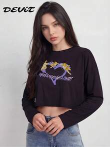 DEVIT Crop Top Negro Estampado Ángeles Y2K Manga Larga Estilo Streetwear - Negro - Ver 10