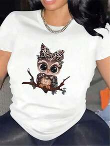Camiseta de manga corta con diseño de búho lindo|     Ligero y duradero, adecuado para la sala de estar o el comedor, cómodo de llevar, ideal para el uso diario, un top de mujer elegante y versátil con diseño de cuello redondo y tela de elasticidad media. - Blanco - Ver 1