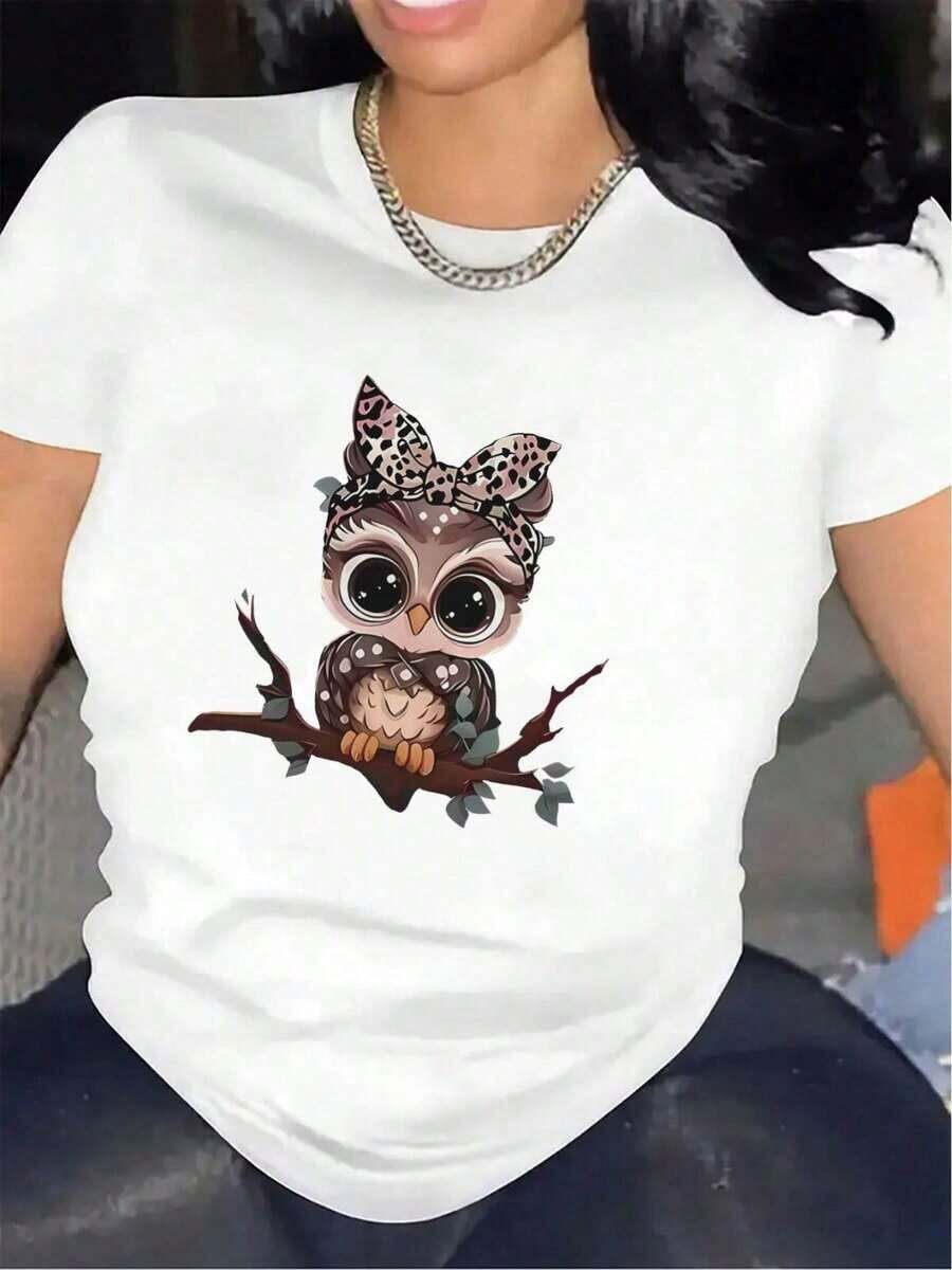 Camiseta de manga corta con diseño de búho lindo| Ligero y duradero, adecuado para la sala de estar o el comedor, cómodo de llevar, ideal para el uso diario, un top de mujer elegante y versátil con diseño de cuello redondo y tela de elasticidad media. - Blanco - Ver 1