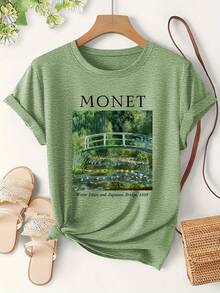 Camiseta de manga corta para mujer con estampado impresionista renacentista vintage Lirios de agua y puente japonés, moda otoño 2025, camiseta vintage de cuello redondo, ropa casual elegante y bonita para mujer, top de trabajo sencillo, deportivo, holgado y versátil. - Verde - Ver 1