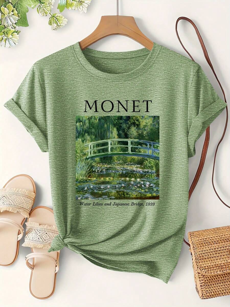 Camiseta de manga corta para mujer con estampado impresionista renacentista vintage Lirios de agua y puente japonés, moda otoño 2025, camiseta vintage de cuello redondo, ropa casual elegante y bonita para mujer, top de trabajo sencillo, deportivo, holgado y versátil. - Verde - Ver 1