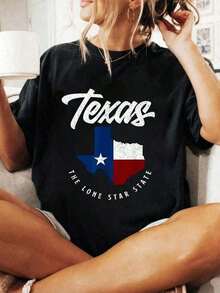 Camiseta 100% Algodón con Mapa de Texas, El Estado Solitario - Camiseta Suave y Transpirable para Hombre y Mujer, Estilo Clásico de Verano - Negro - Ver 4