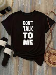 Camiseta de Mujer Casual de Corte Holgado, Opciones en Blanco y Negro, Estampado 'Don't Talk To Me', Camisetas Gráficas para Uso Diario de Verano, Tops de Verano, Camisetas Gráficas, Conjuntos de Verano para Mujer, Camisetas Cortas para Mujer, Tops Vintage de Algodón, Ropa Linda para Mujer, Playera Holgada para Mujer - Negro - Ver 2