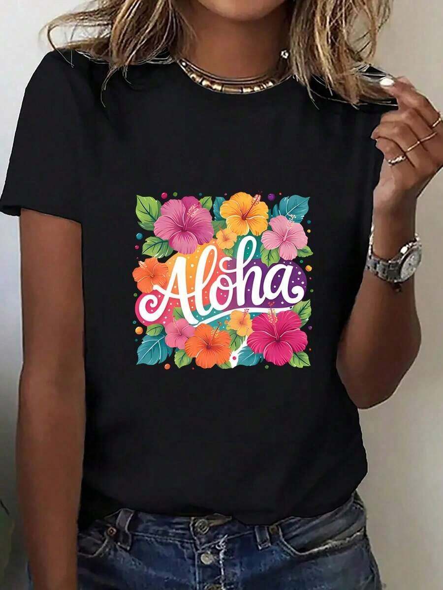 ComfortableCamisetas Ligeras con Estampados: Una interesante camiseta de manga corta con un estampado floral inspirado en la cultura hawaiana. Es una camiseta de mujer moderna y casual con un diseño elegante y único, cómoda y adecuada como regalo. Esta camiseta cómoda y transpirable es 100% de algodón y es una opción popular.Fashion All-match Women's Short Sleeve T-shirt, Basic Style for Inner & Outer Wear - Negro - Ver 1