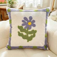 Soft Loop Yarn Embroidered Flower Pillow Cover 45x45cm, Breathable Cloud-Like Cushion Case For Living Room Sofa Decor, 1pc (No Filler) - Purple - View 4