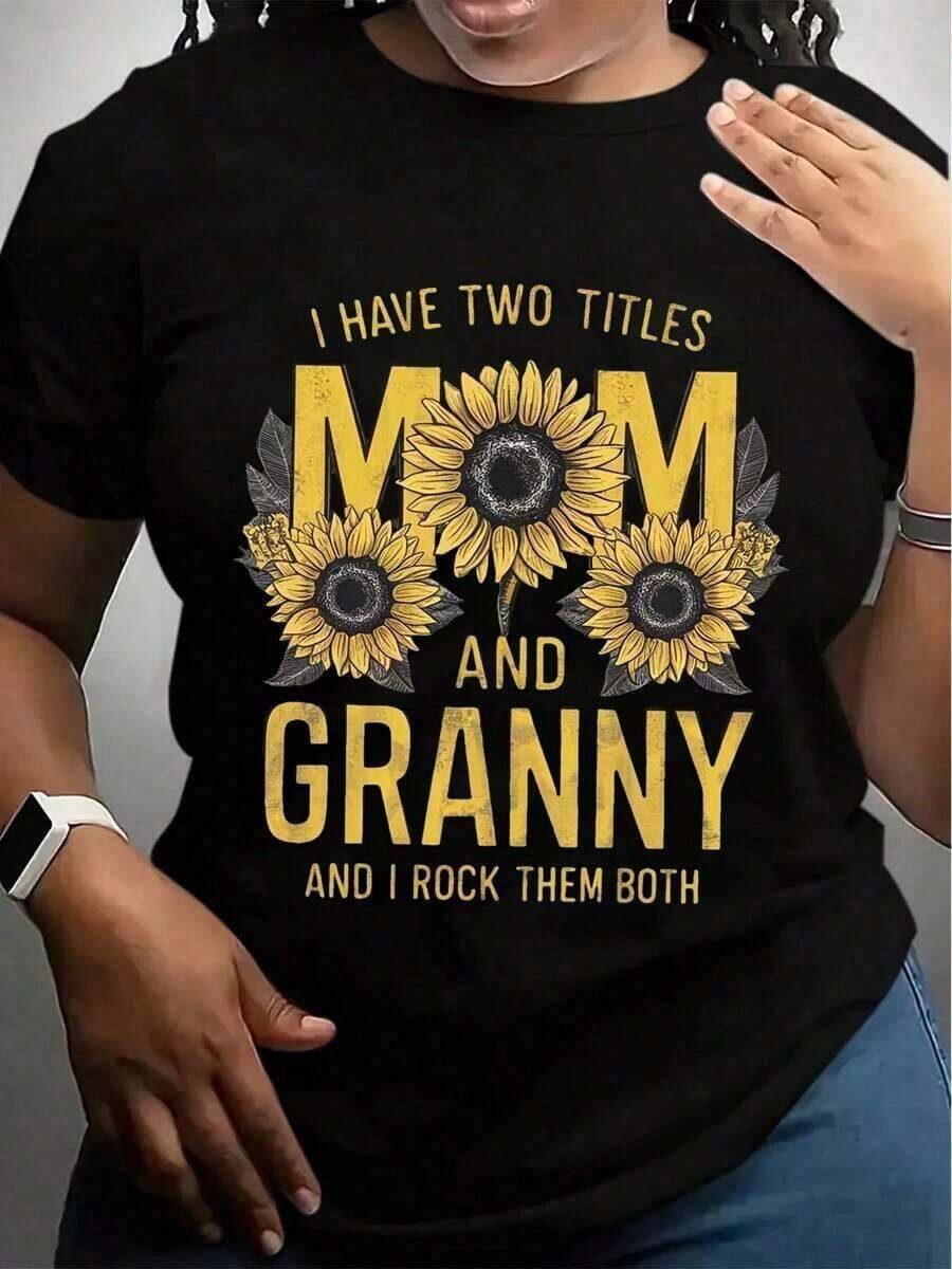 20261pc Camiseta Casual de Talla Grande para Mujer con Estampado de Girasol de Mamá y Abuela, Tejido de Punto, Cuello Redondo, Elástica, Color Sólido, Manga Corta, Camiseta Sencilla para Todas las Temporadas, Ropa Fresca de Verano para Mujer - Negro - Ver 1