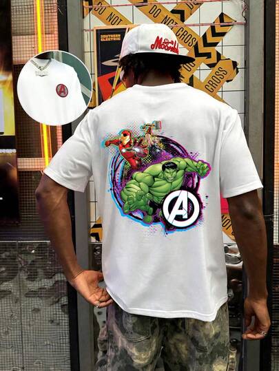 Camiseta con estampado de personajes de Marvel Avengers para hombre, estilo casual de streetwear americano para el verano