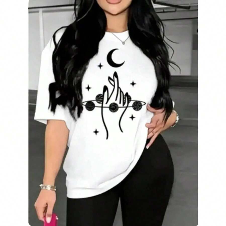 Blusa casual de moda para mujer con cuello redondo, manga corta y estampado de mano con luna y planetas - Blanco - Ver 1